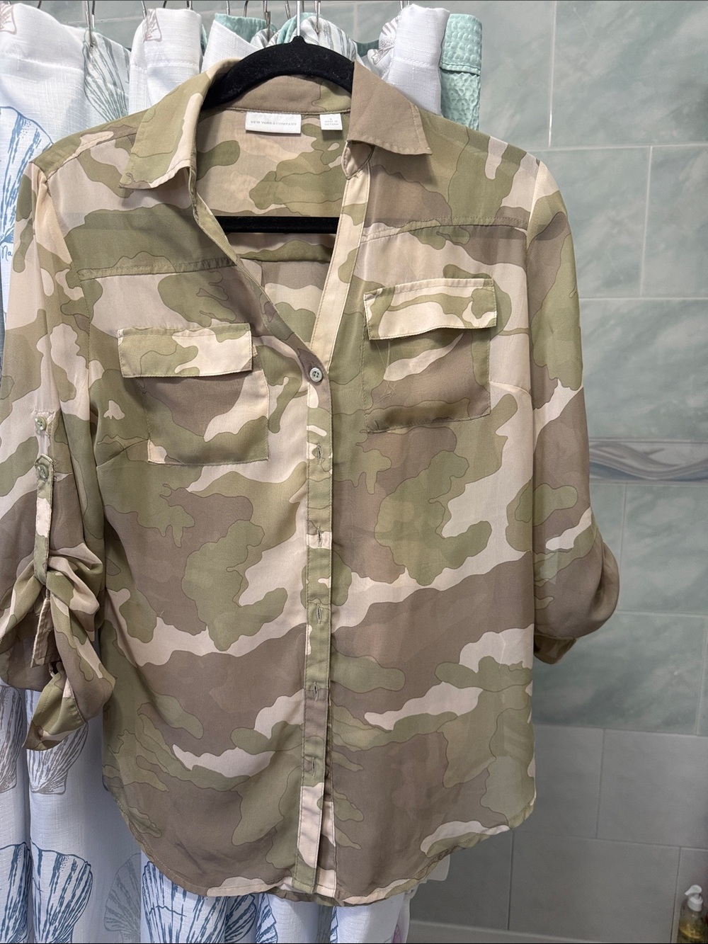 New York & Company Women's Camo Button-Front Blouse in Beige, Olive, Tan
